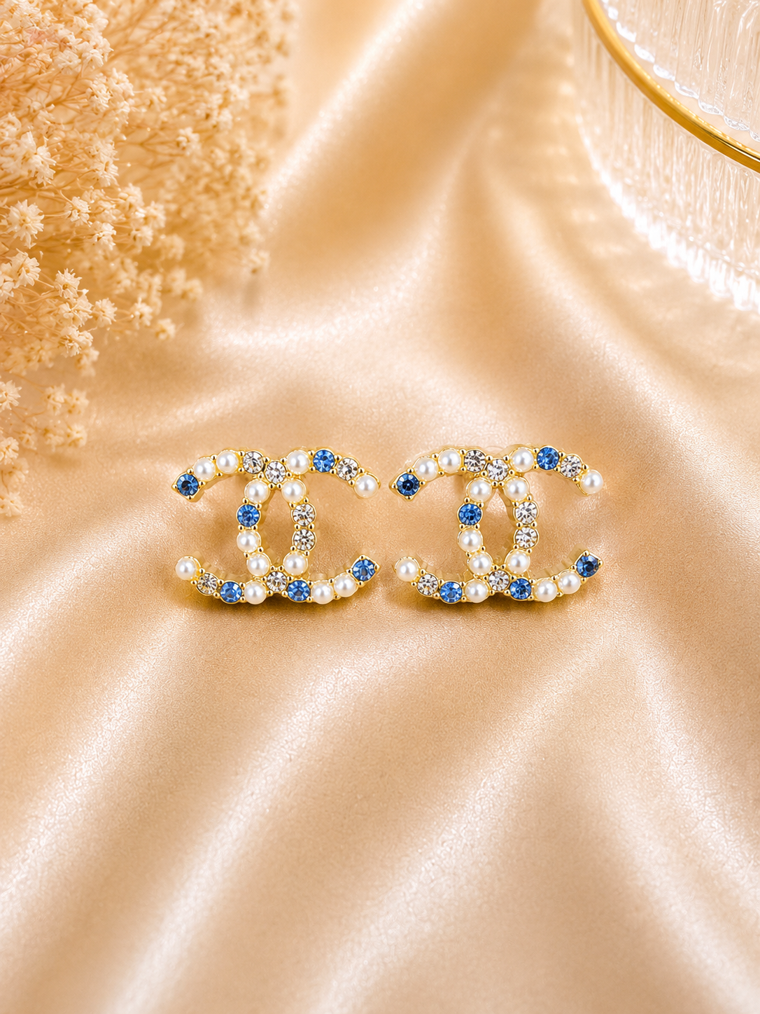 Up-cycled Gold/Pearl Earrings w/ Blue & Clear Rhinestones (Soldered)