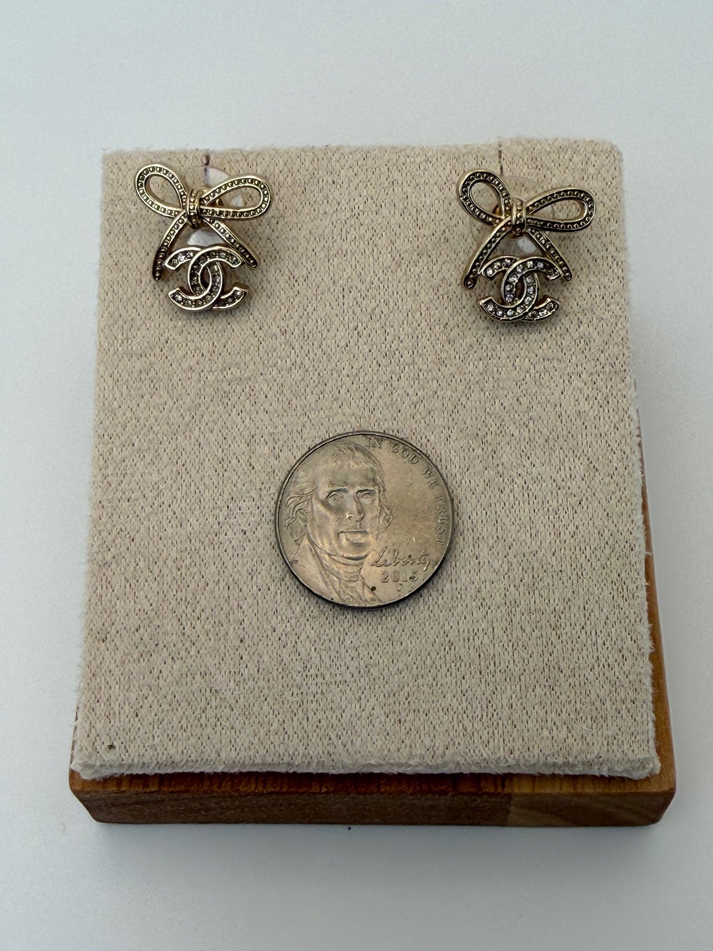 A03 Upcycled SOLDERED Chanel Gold Bow Clear Rhinestones Earrings **LAST ONE**