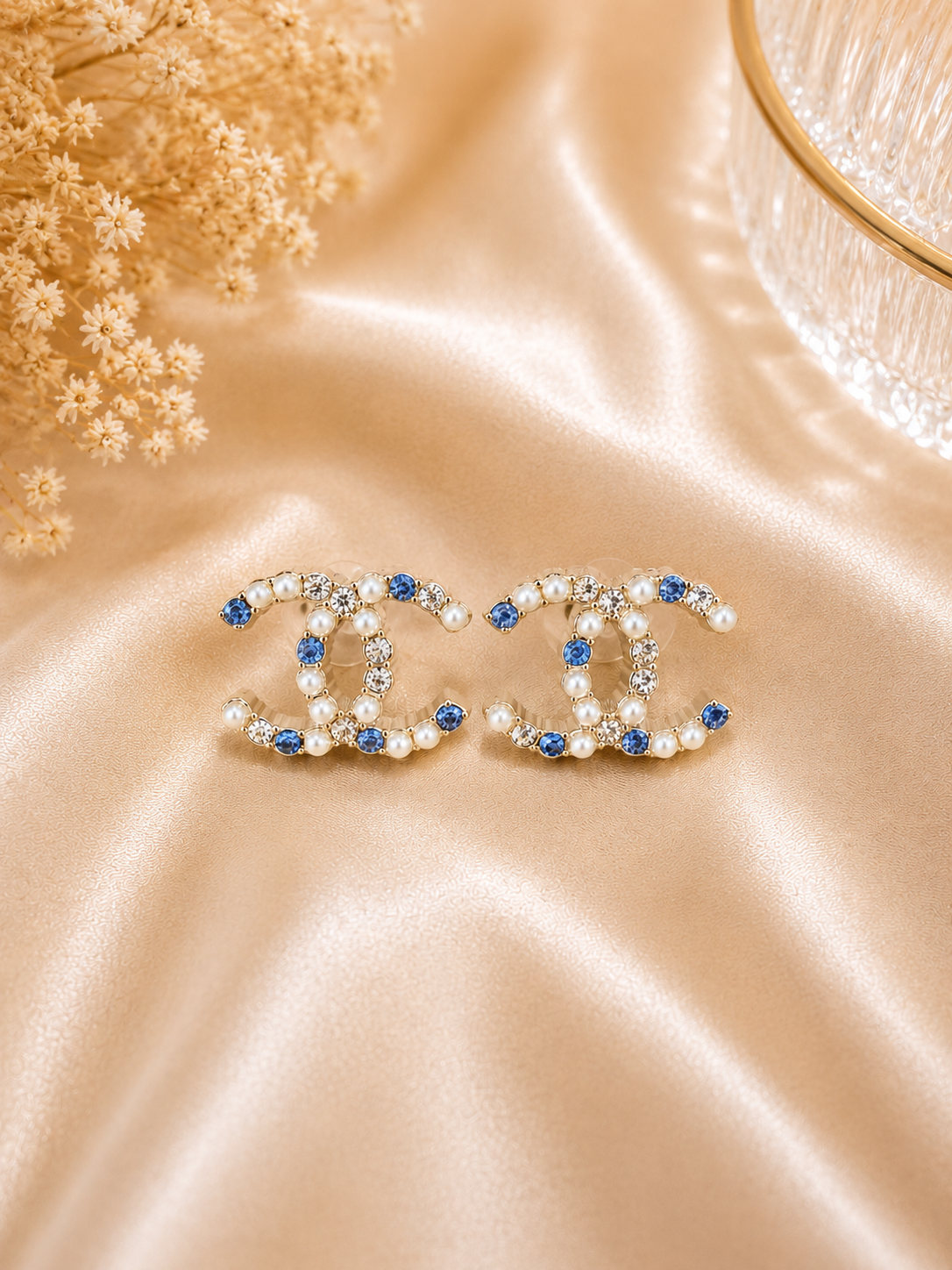 Up-cycled Silver/Pearl Earrings w/ Blue & Clear Rhinestones (Soldered)