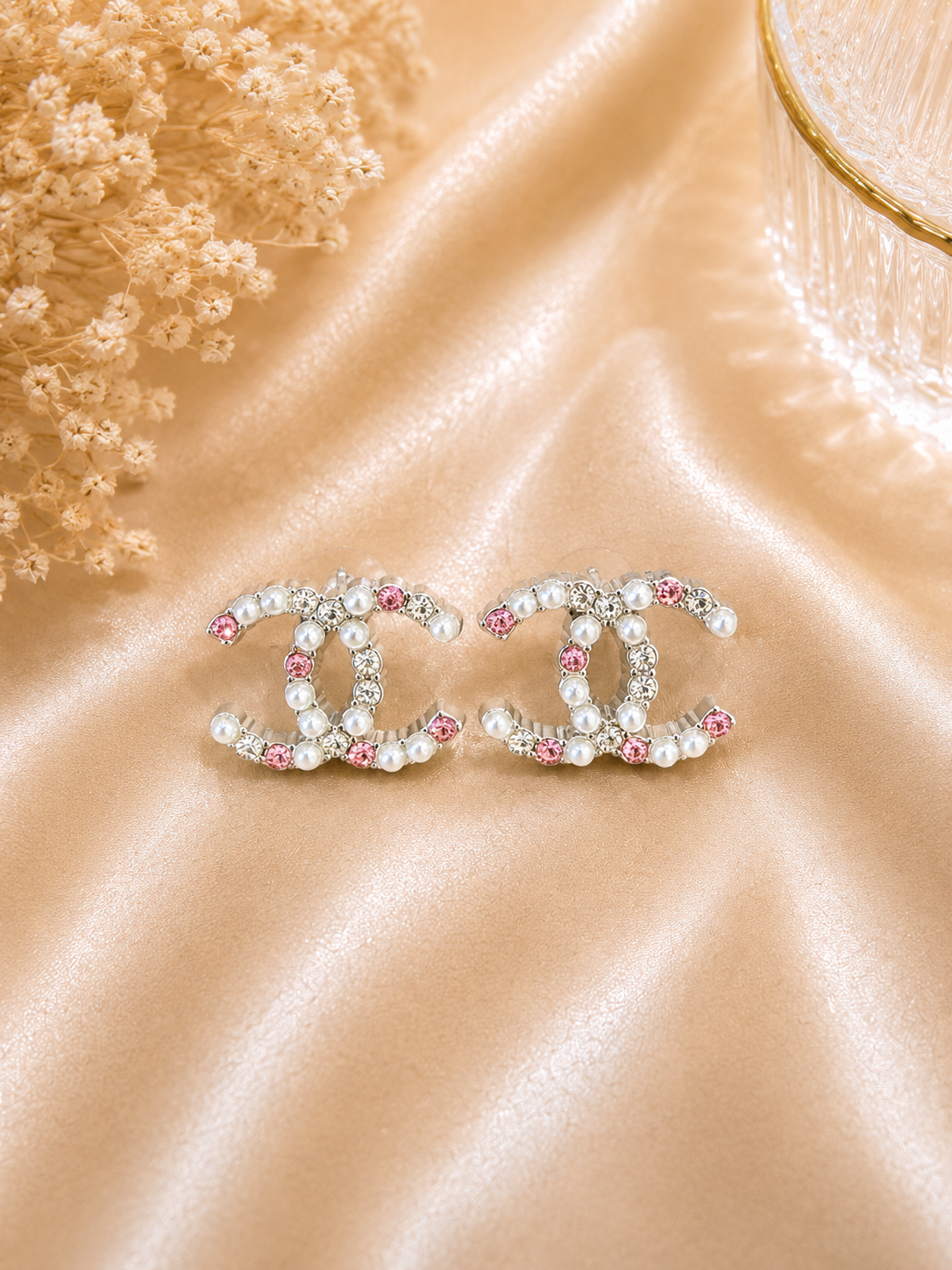 Up-cycled Silver/Pearl Earrings w/ Pink & Clear Rhinestones (Soldered)