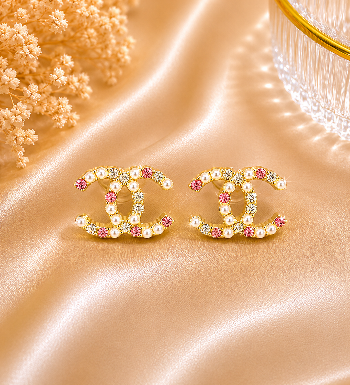 Up-cycled Gold/Pearl Earrings w/ Pink & Clear Rhinestones (Soldered)