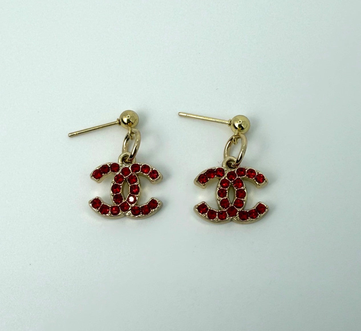 Upcycled Chanel Gold Red Rhinestones Drop Earrings (14mm)
