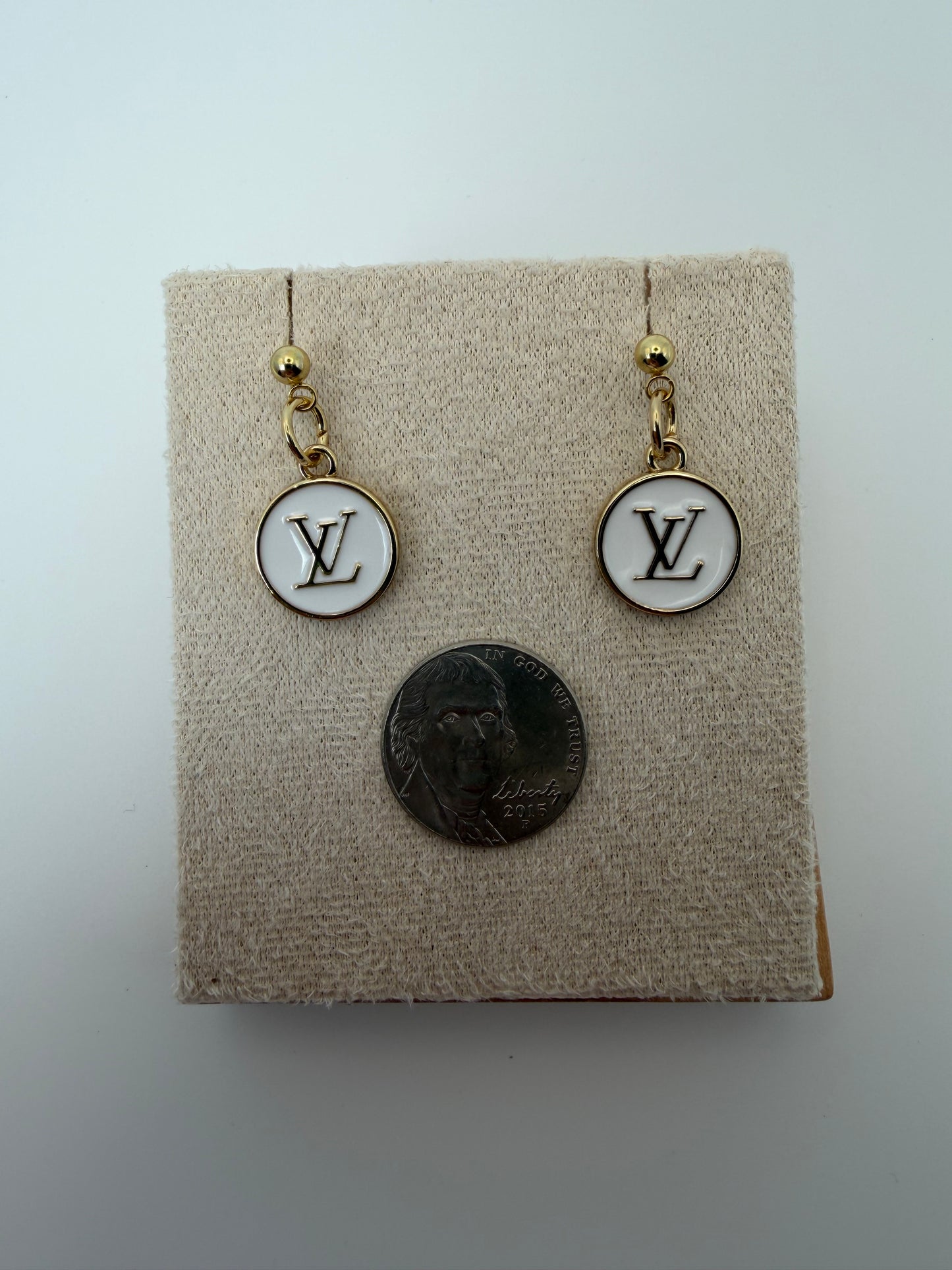 Upcycled Louis Vuitton Gold White Enamel Dangle Earrings