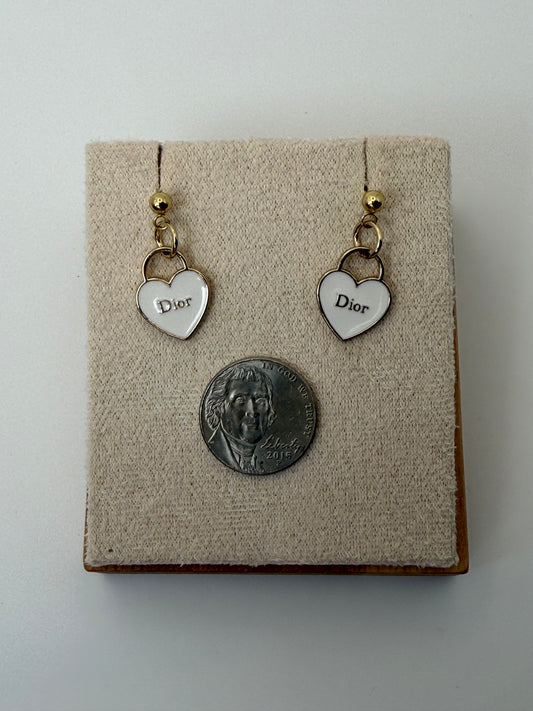 Upcycled Christian Dior White Enamel Heart Dangle Earrings