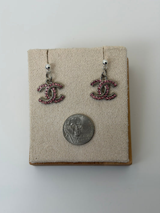 Upcycled Chanel Silver Pink Rhinestones Dangle Earrings
