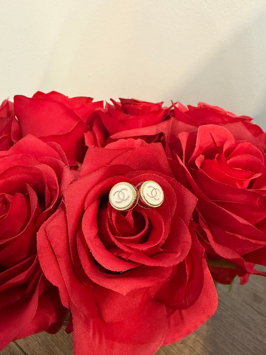 A18 - Upcycled Mini Gold and White Enamel CC Earrings