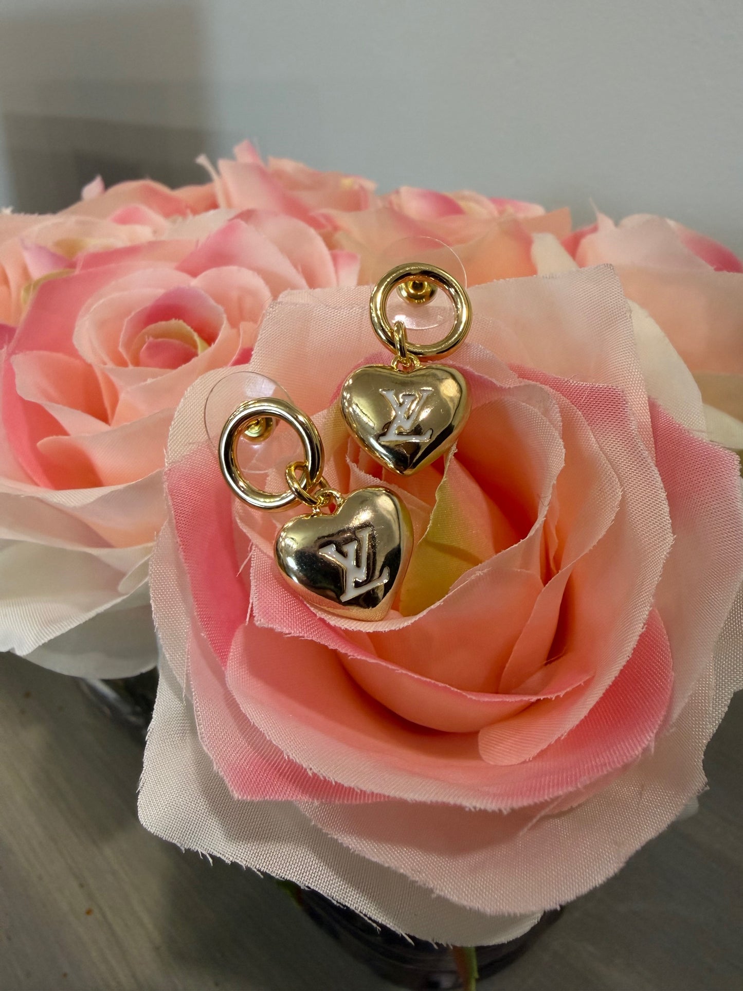 A12 - Upcycled Gold LV Heart Drop Earrings