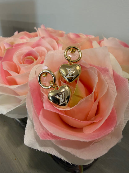 A12 - Upcycled Gold LV Heart Drop Earrings