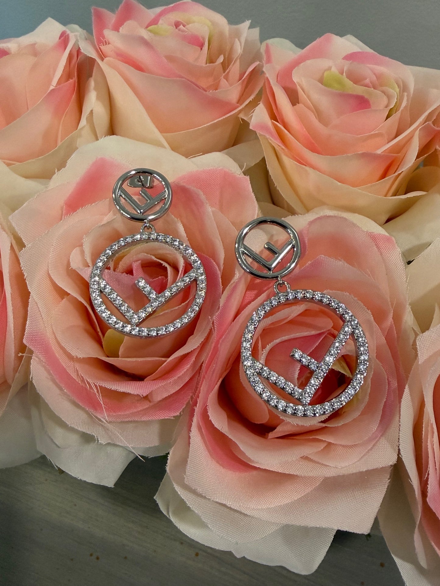 A16 - Upcycled Fendi Silver & Rhinestone Double F Earrings