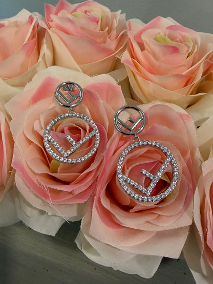 A16 - Upcycled Fendi Silver & Rhinestone Double F Earrings