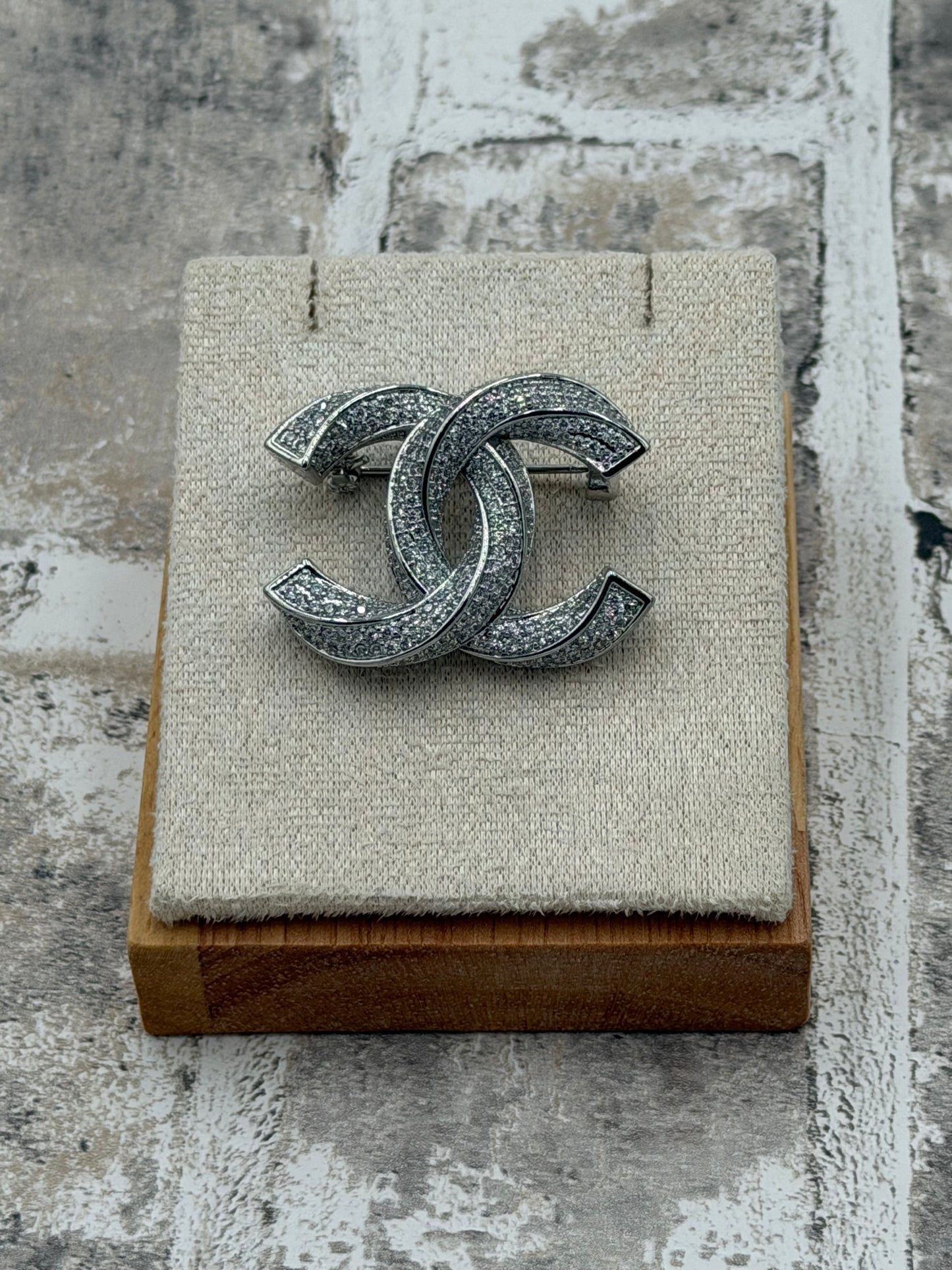 B03 - Upcycled Silver Toned Clear Rhinestone Twist CC Brooch