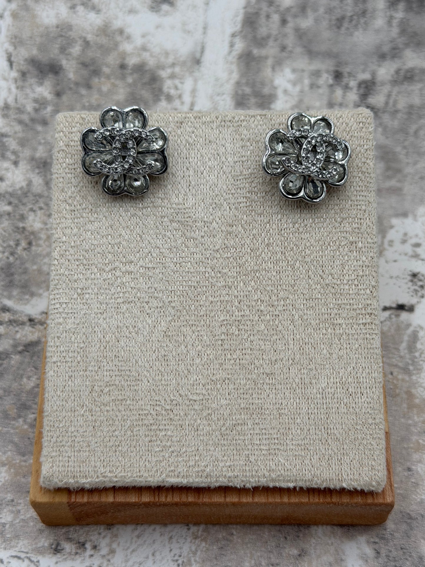 A05 - Upcycled CC Silver & Clear Rhinestone SOLDERED Clover Earrings