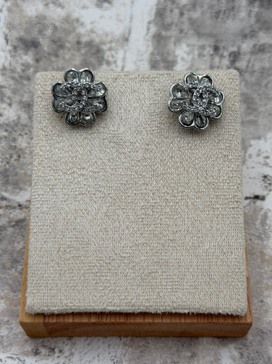 A05 - Upcycled CC Silver & Clear Rhinestone SOLDERED Clover Earrings